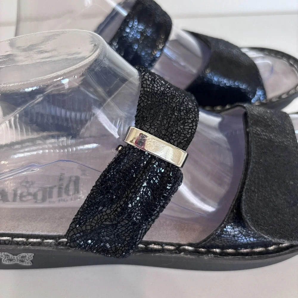 Alegria Karmen Double Strap Leather Slide Sandals Size 41 10.5-11Black Metallic